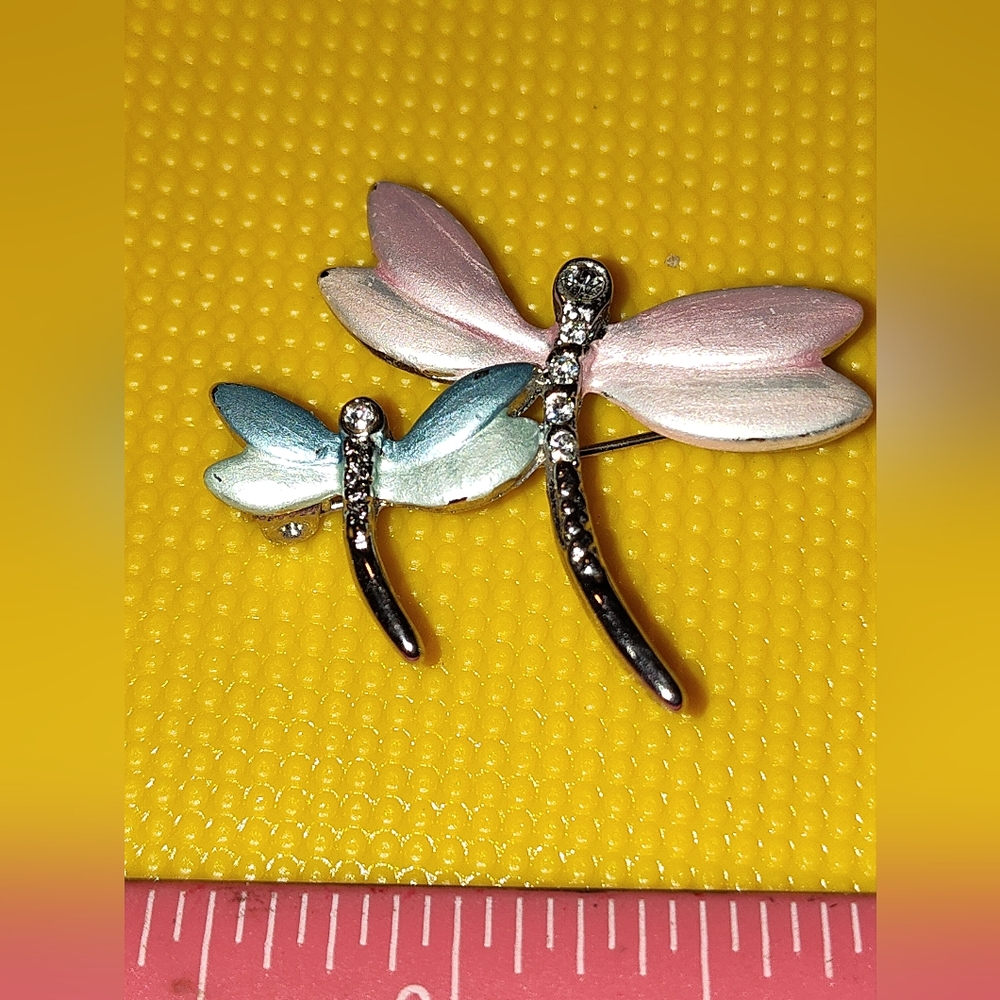 Pink and blue painted double dragonflies brooch